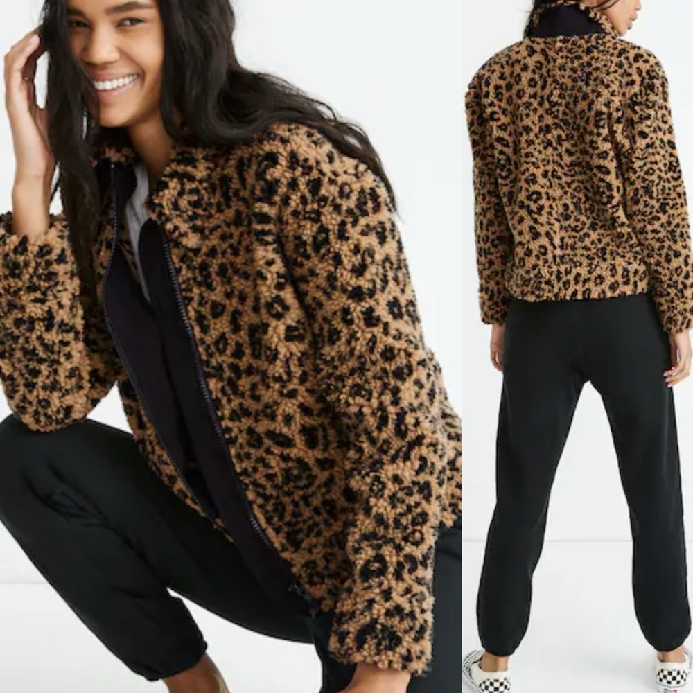 Madewell Sherpa Bomber Jacket in Leopard Animal Brown Black Small S - Picture 2 of 8